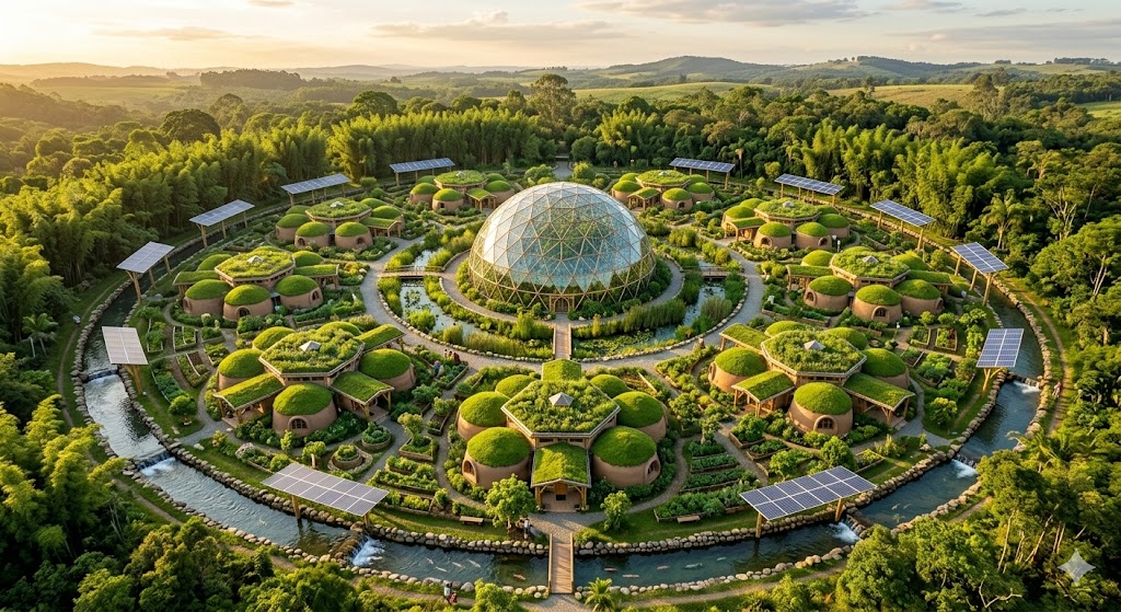 Aerial view of a Ruban Cell at golden hour: earthen dwellings with living roofs and solar canopies ringing a central geodesic greenhouse dome, encircled by a perimeter canal and forest.