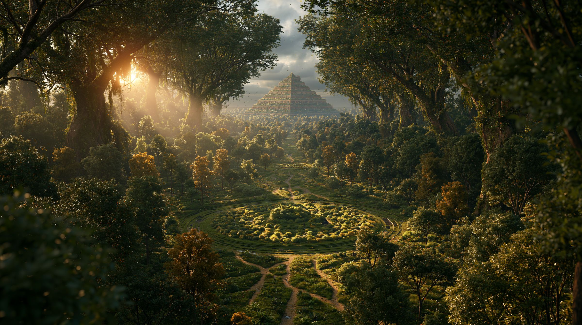 Looking down through old forest at dusk: a circular guild ring of gardens where footpaths converge, with a stepped pyramid rising above the canopy in the distance.