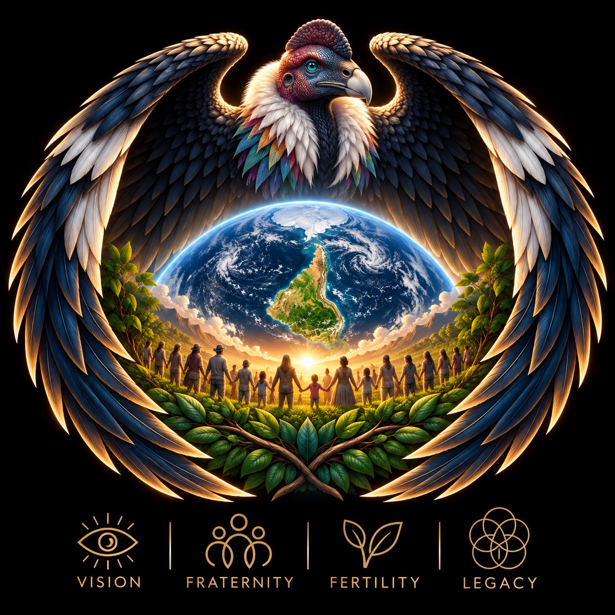 Rubania seal: an eagle with outspread wings over the Earth, a circle of people holding hands in a green landscape below, and four emblems — Vision, Fraternity, Fertility, Legacy.