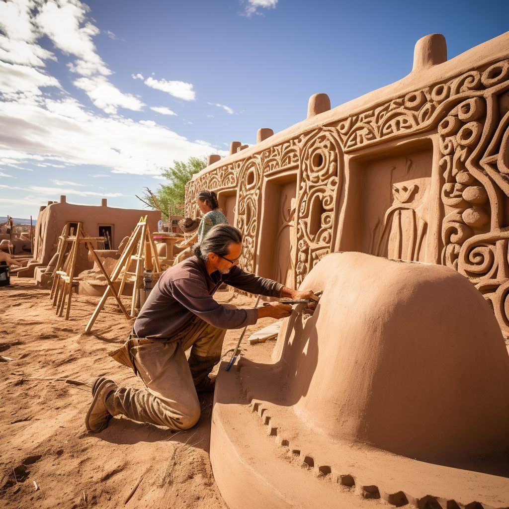Hands shaping an adobe wall at a building festival.