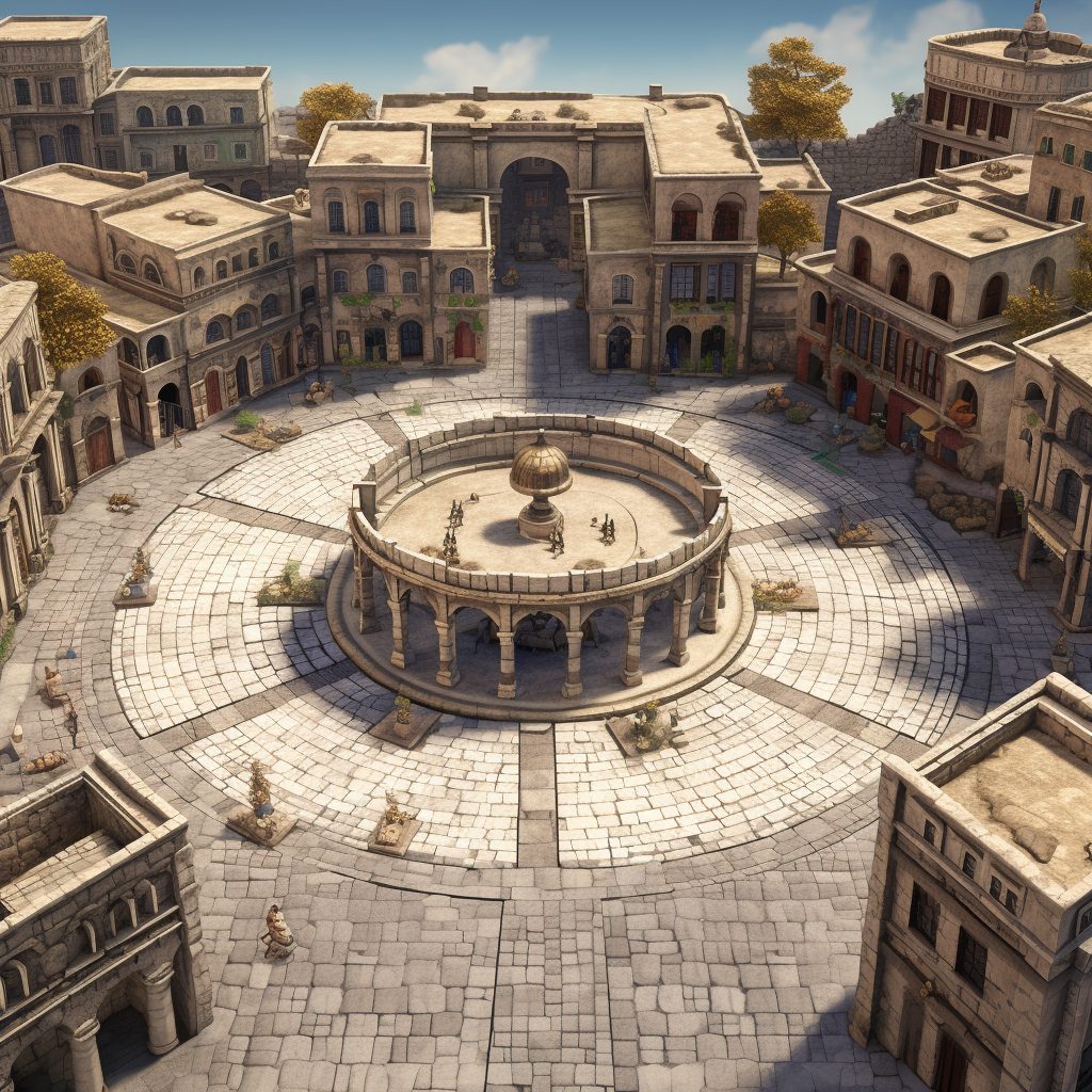 A circular stone agora at the center of a settlement.