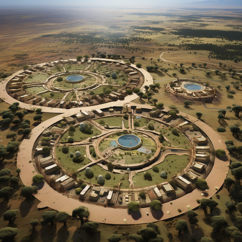 Aerial view of two ring-shaped guild settlements in open land.