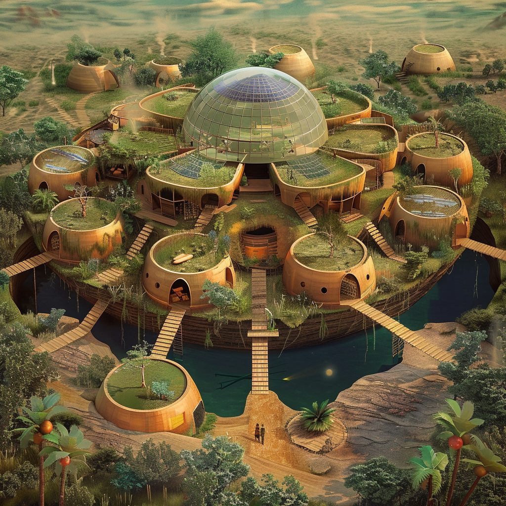 A campus of earthen halls around a central dome, joined by bridges over water.