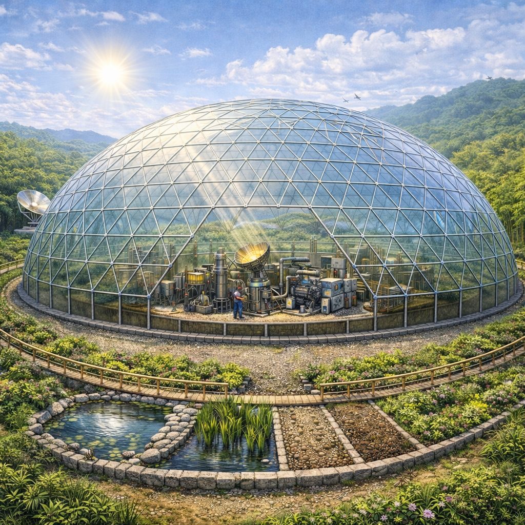 A geodesic kernel dome housing the guild's energy machinery among gardens.