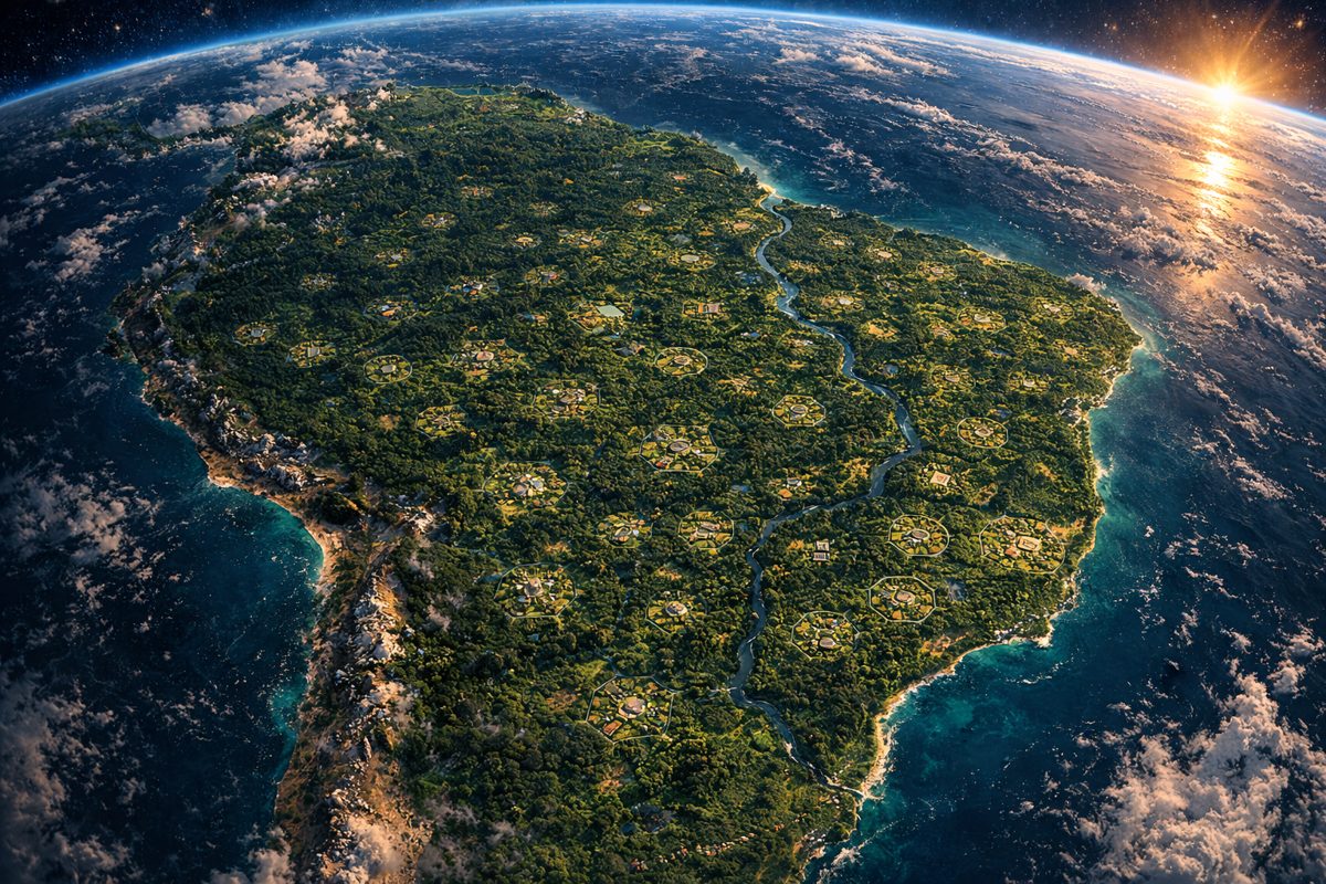 A green continent seen from orbit, glowing at the terminator line.