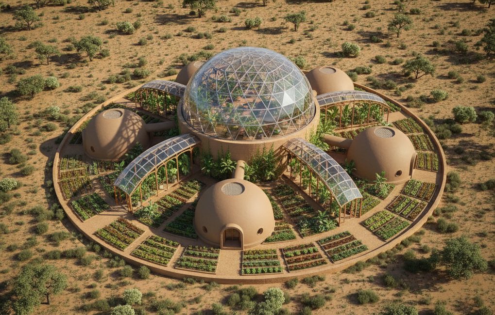 A compound home: earthen domes around a central glass-domed core.